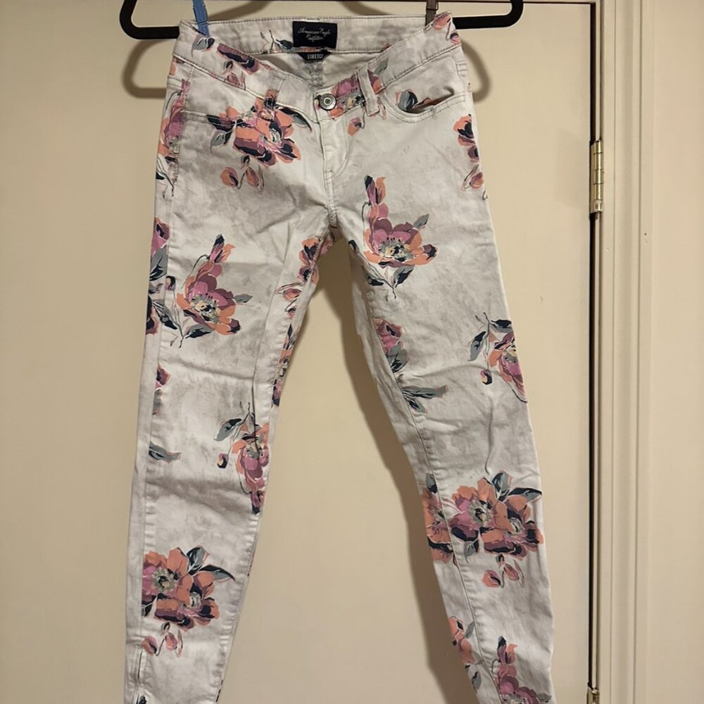 Floral Printed Jeans - American Eagle - Size 0